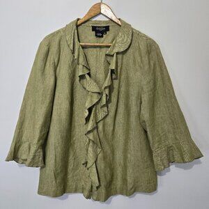 Peck and Peck Green 100% Linen Jacket Cardigan Sz 16W Ruffles Collared Lagenlook